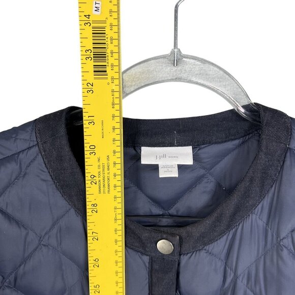 J. Jill Womens Lp Navy Diamond Quilted Down Puffer Jacket Corduroy Trim Snap Up - Picture 10 of 15